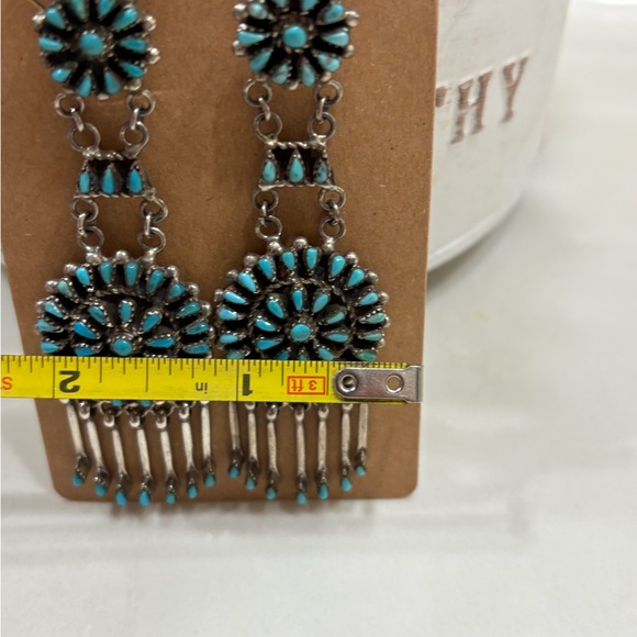 Vintage Native American Silver & Turquoise Double Drop Fringe Earrings - Picture 4 of 9